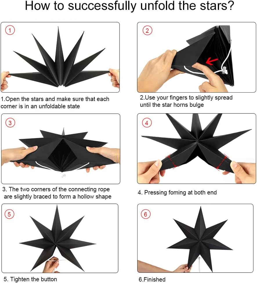 Hanging Christmas Decorations, 5 pcs Hanging Black Stars, Black Paper Star, 3 pcs Diameter 25cm, 2 pcs Diameter 40cm for Wedding, Christmas Party, DIY Black - Image 3