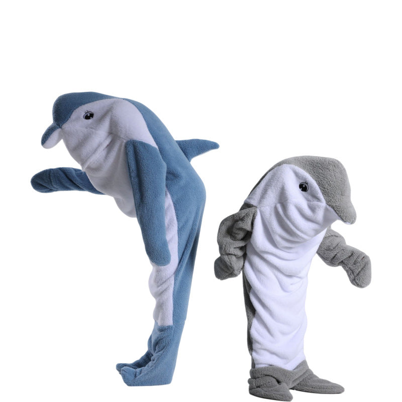 Shark-shaped sleeping bag blanket cartoon animal jumpsuit flannel men's and women's home clothes shark pajamas Blue-gray shark 140 - Image 3