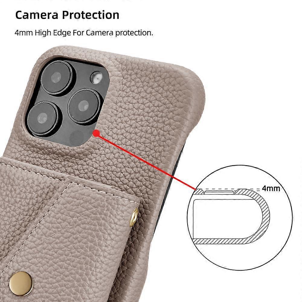 iPhone 14 Pro Case Horizontal Card Pocket Litchi Texture Long Cord Grey - Image 3