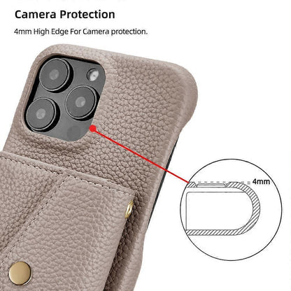 iPhone 14 Pro Case Horizontal Card Pocket Litchi Texture Long Cord Grey - Image 3