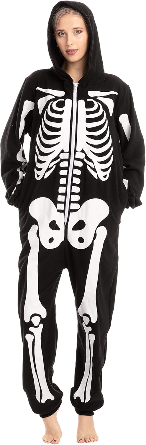 Unisex Skeleton Onesie Pajamas Plush Skeleton Jumpsuit Zipper Halloween Hoodie Pajamas for Adults Sleepwear Costume Black L - Image 2