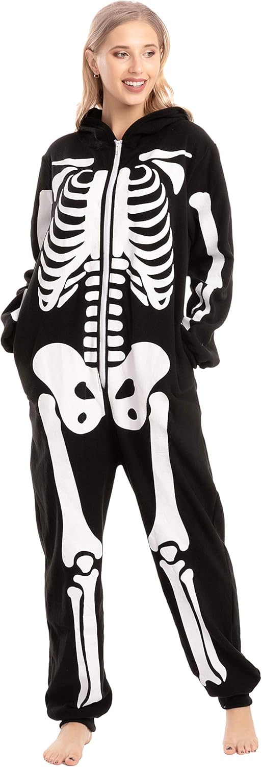 Unisex Skeleton Onesie Pajamas Plush Skeleton Jumpsuit Zipper Halloween Hoodie Pajamas for Adults Sleepwear Costume Black L - Image 3
