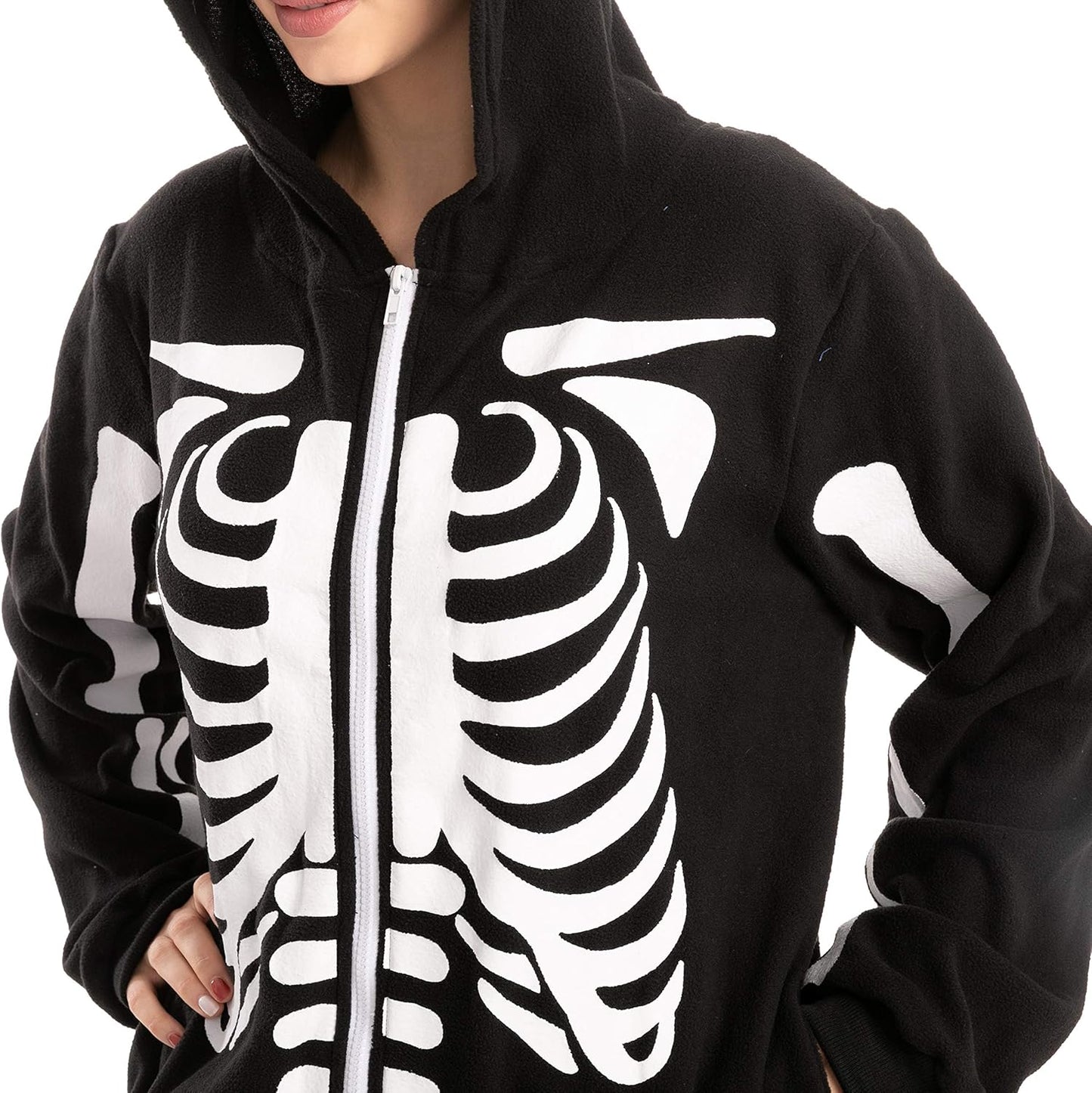 Unisex Skeleton Onesie Pajamas Plush Skeleton Jumpsuit Zipper Halloween Hoodie Pajamas for Adults Sleepwear Costume Black L - Image 5
