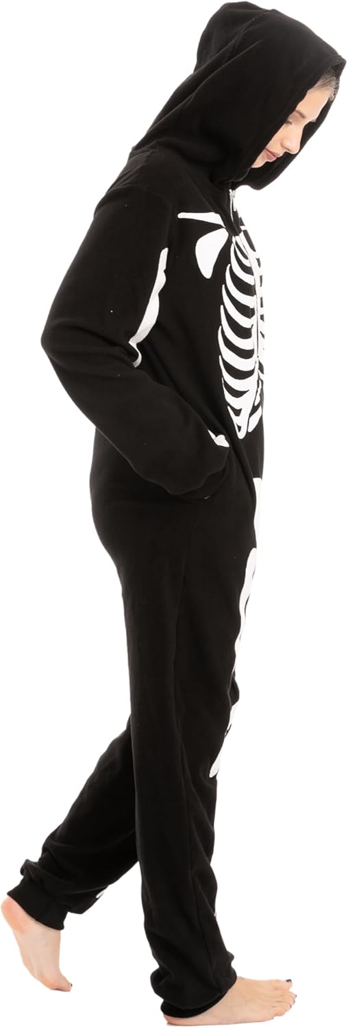 Unisex Skeleton Onesie Pajamas Plush Skeleton Jumpsuit Zipper Halloween Hoodie Pajamas for Adults Sleepwear Costume Black L - Image 7