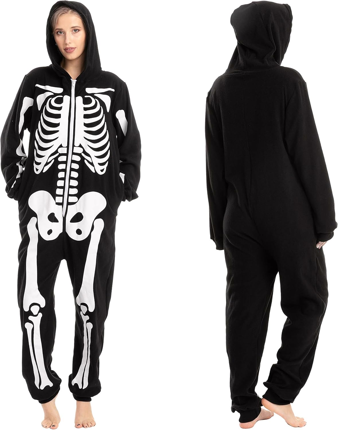 Unisex Skeleton Onesie Pajamas Plush Skeleton Jumpsuit Zipper Halloween Hoodie Pajamas for Adults Sleepwear Costume Black L - Image 9
