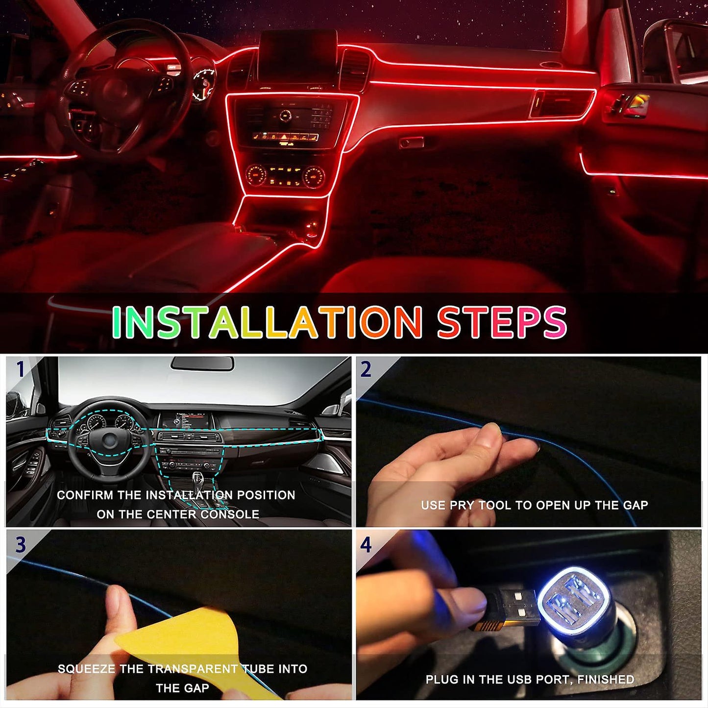 Car LED Interior Strip Light 3m USB Neon Wire Lamps Glowing Ambient Lighting Car Decorations Interior Red - Image 4