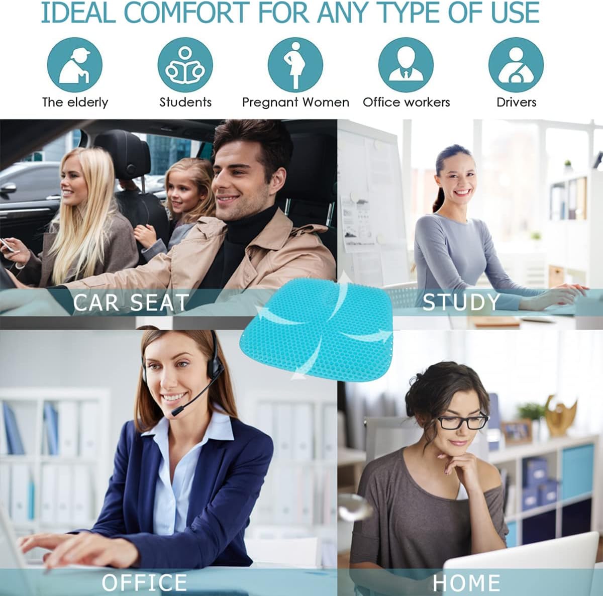 Gel Seat Cushion for Long-Term Sitting, Gel Cushions for Pressure Relief, Double Thick Gel Cushion for Sitting, Seat Cushions for Office Chairs with - Image 3