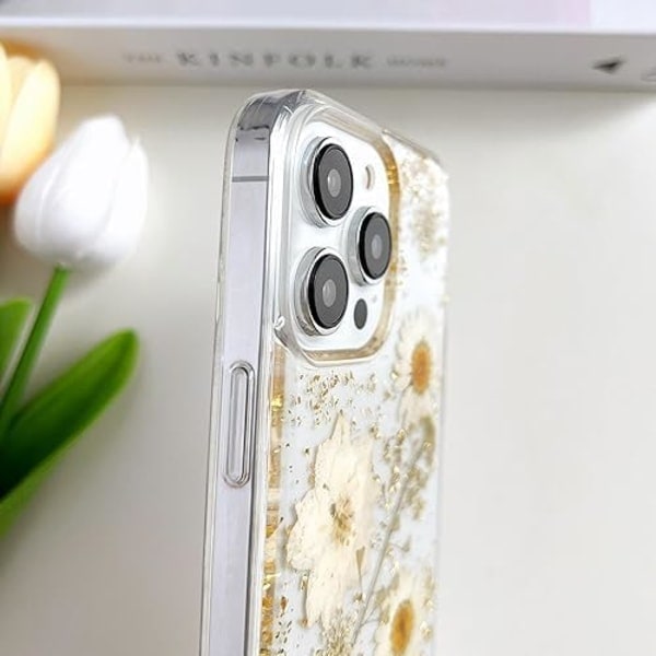 iPhone 16 Plus Case with Real Flowers Design, Transparent Glitter Floral TPU Slim Soft Protective Case for Women - Image 4
