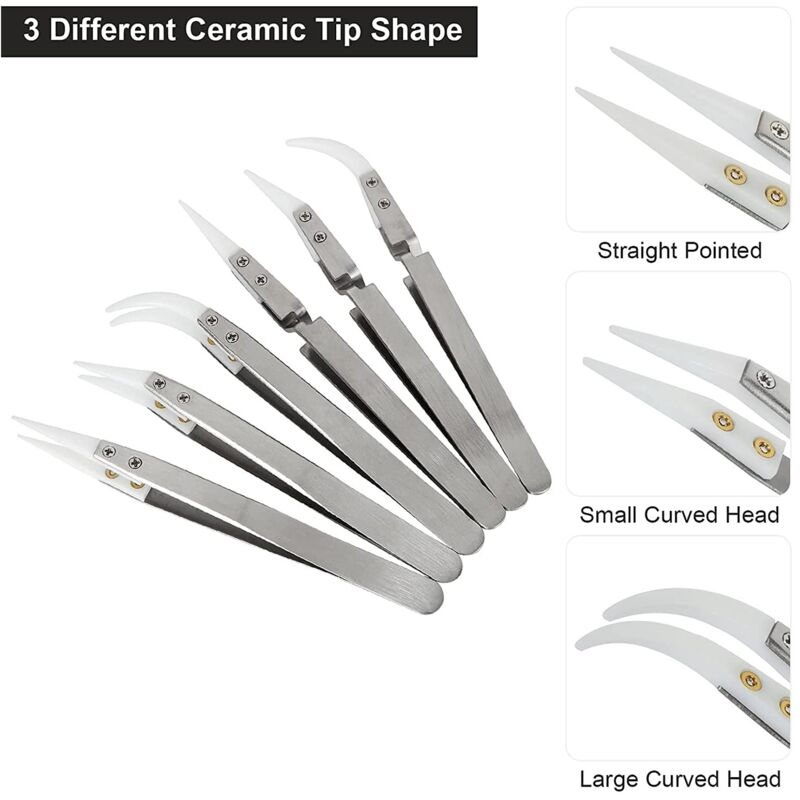 Precision Ceramic Inverted Soldering Tweezers 6pcs Non-conductive Antimagnetic with Pointed Curved Tips - Image 2