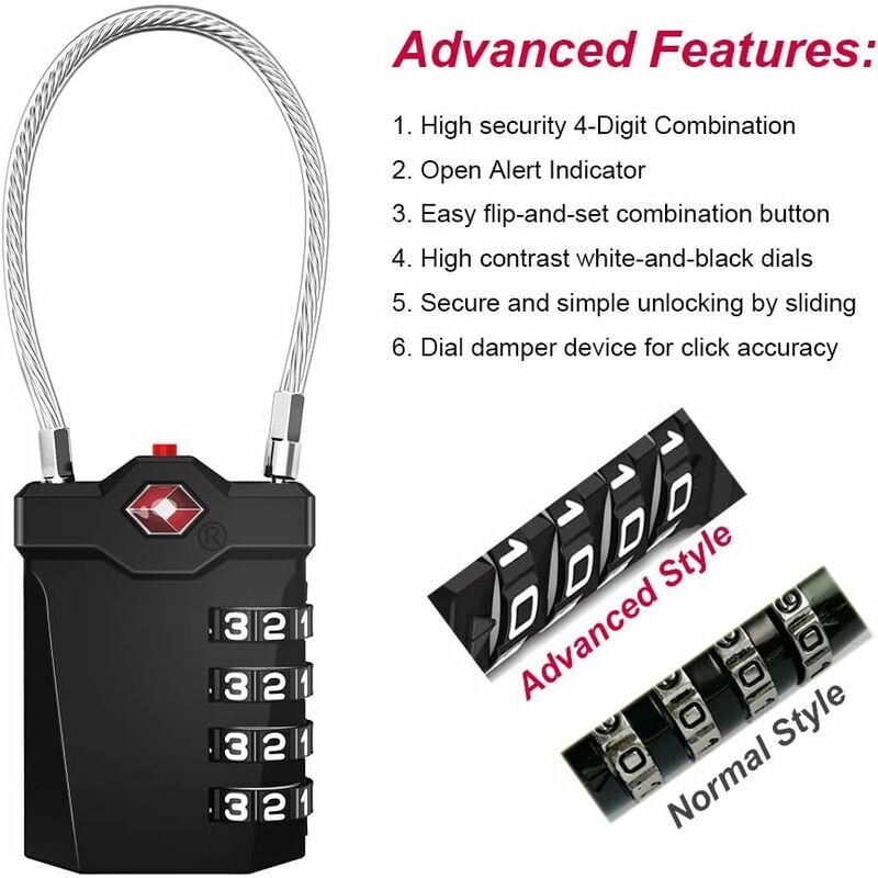 TSA Lock 4-Digit Combination Luggage Suitcase Alarm Anti-Theft Code with Opening Alarm Black 1 Piece - Image 3