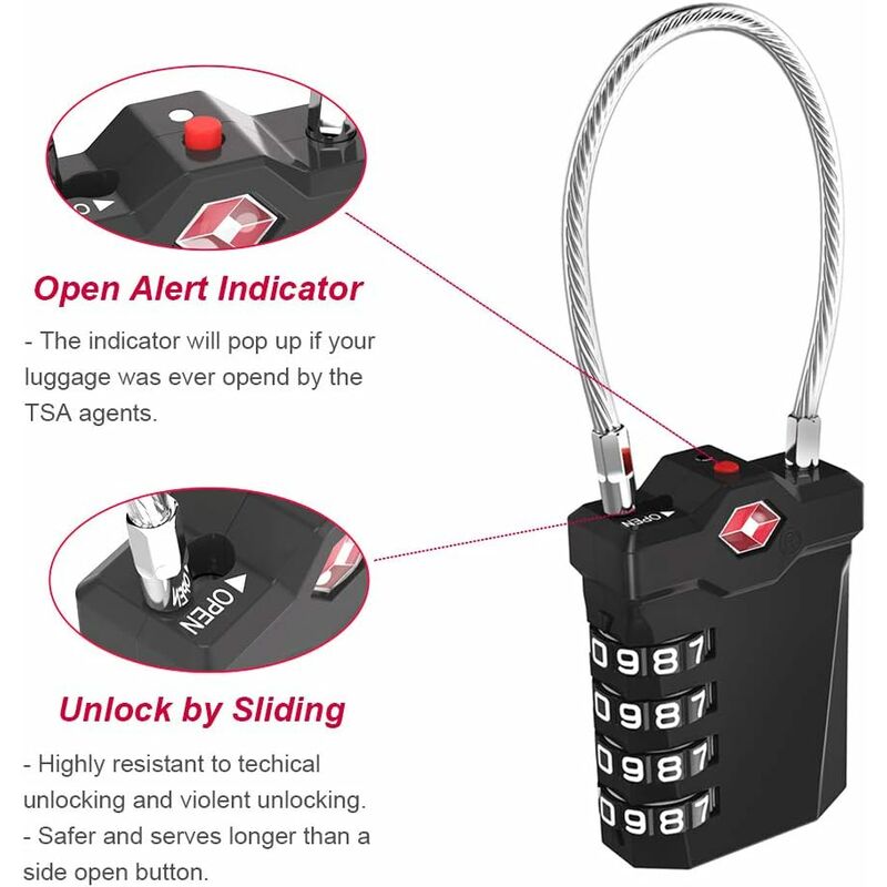 TSA Lock 4-Digit Combination Luggage Suitcase Alarm Anti-Theft Code with Opening Alarm Black 1 Piece - Image 4