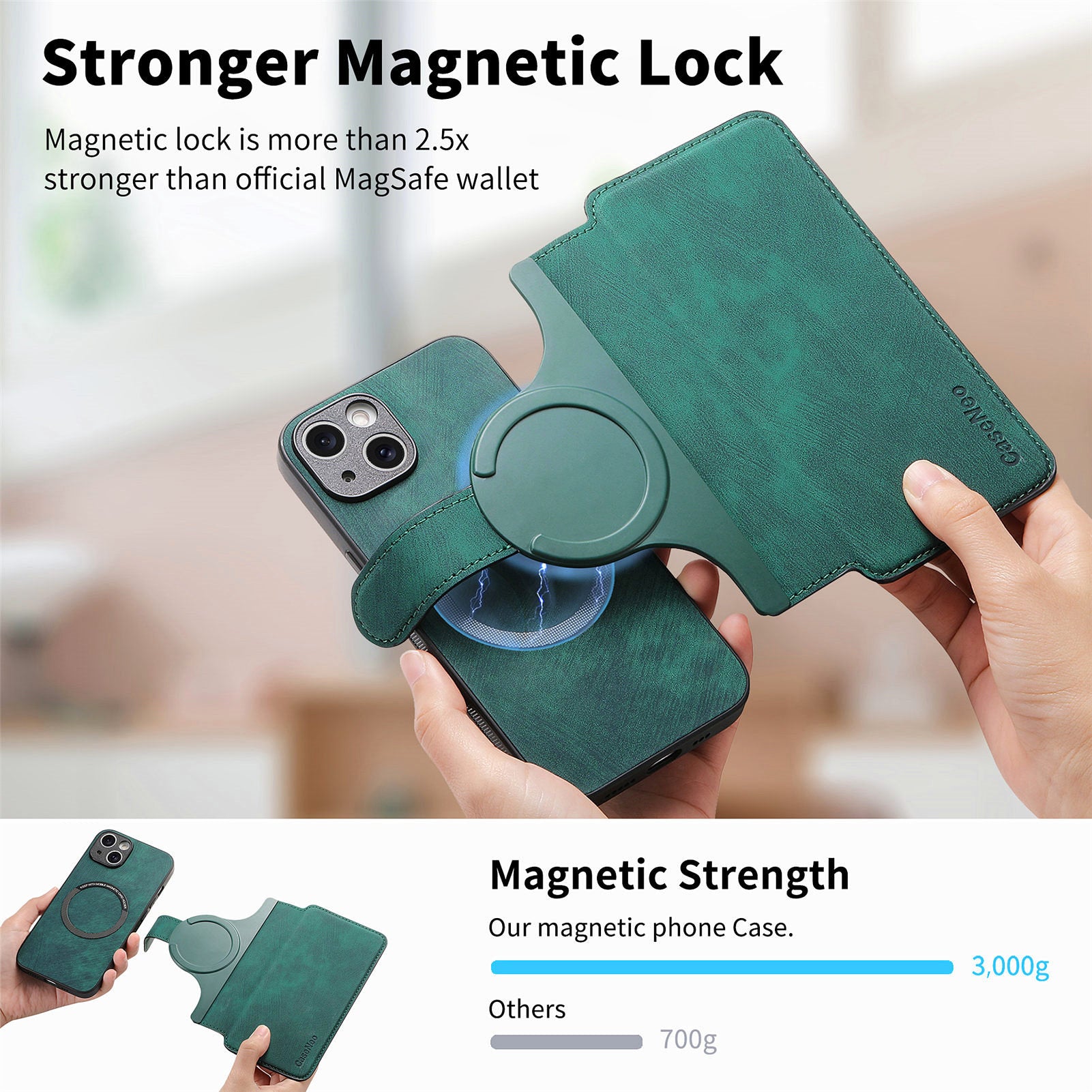 New Magnetic Two-in-one Separation Structure Mobile Phone Case - Card Holder RFID Anti-theft Brush - Suitable for iPhone Mobile Phone Case Gr Green iPhone 15 - Image 4