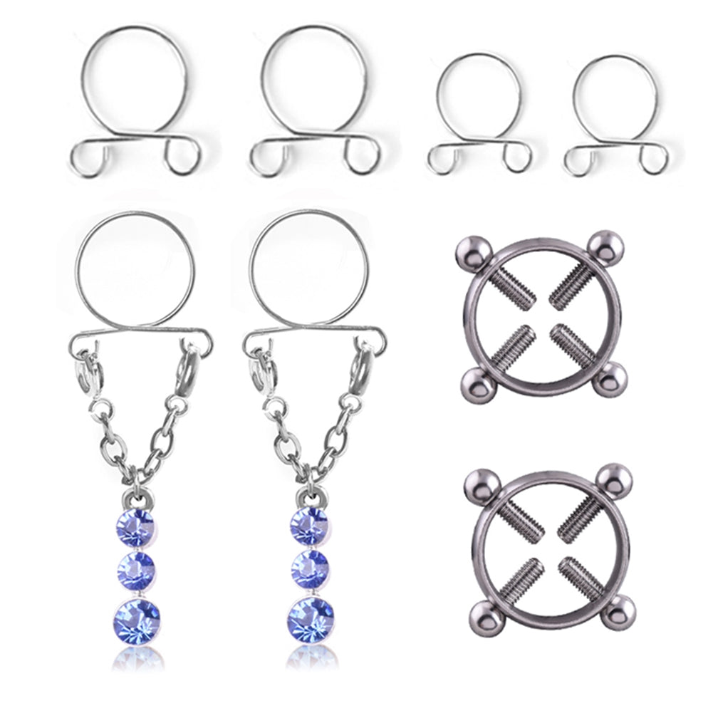Fashion Water Drop Screw Non Pierced Nipple Ring Set Nipple Ring Body Jewelry (Blue) - Image 3