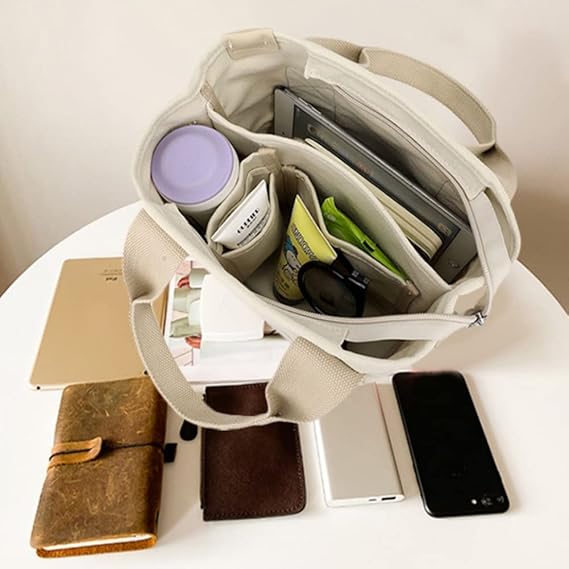 Multi-Pocket Tote Bag with Zipper, Canvas Handmade Handbag with Compartments, Multifunctional Satchel Bags for Women, Ladies, University, School, Work, Travel Black-small - Image 3