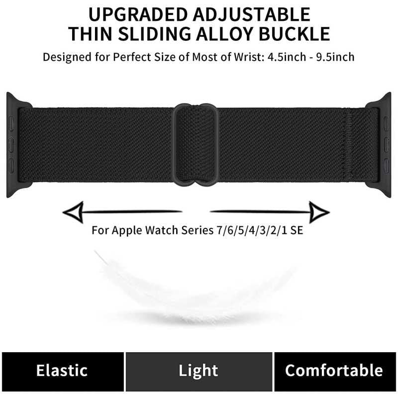 Compatible with Apple Watch 42/44/45/49 mm Adjustable Elastic Nylon Strap Black - Image 2