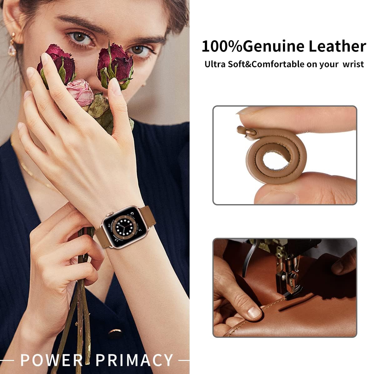 Compatible with Apple Watch Leather Strap Replacement Band Apple Watch Series 9 8 7 6 5 4 3 2 1 SE Ultra 38mm 40mm 41mm Brown - Image 4