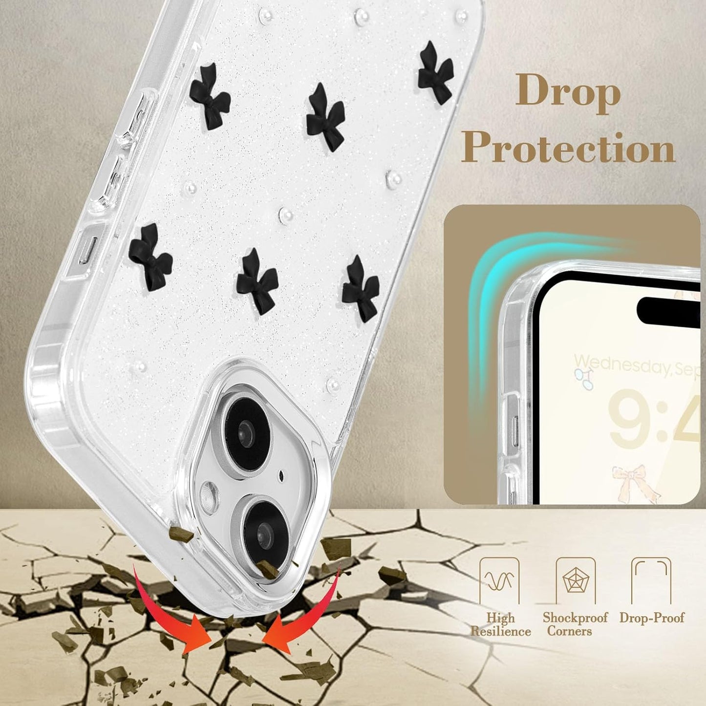 Compatible with iPhone 15 Plus, Bling Glitter 3D Bowknot Phone Case Cute Sparkly Crystal Clear Bowknot Slim Soft Durable Protective Case Black iPhone 15 Plus - Image 3