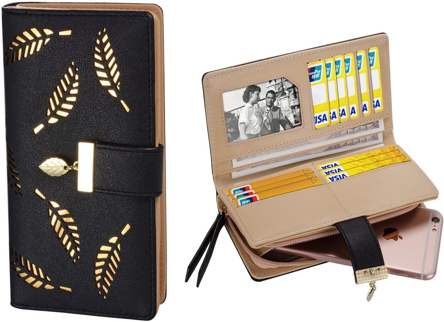 Women's Large Capacity Long Wallet Hollow Leaf Design Black - Image 3