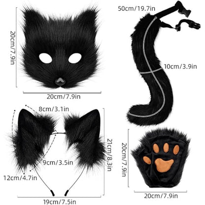 Fox Tail and Ears Cosplay Set, White Plush Mask with Cat Ears, Tail, and Paw Gloves for Halloween - Image 2