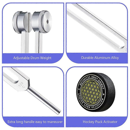 Healing Tuning Forks Set with 128Hz 136.1Hz 256Hz 384Hz Frequencies and Hockey Puck Activator for Chakra Sound Therapy - Image 2