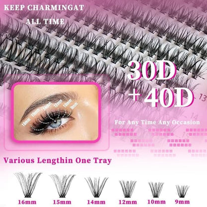 Eyelash Extension Kit with D-Curl for Beginners, Individual False Eyelashes, Pre-made Cluster Lashes, 30+40+50D - Image 3