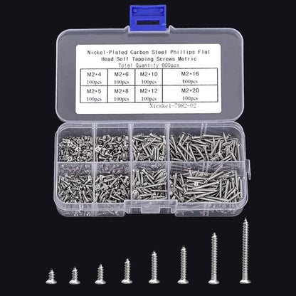 800pcs Small M2 Self Tapping Screws Assortment Box, Countersunk Phillips Flat Head Wood Screws (M2-4mm 5mm 6mm 8mm 10mm 12mm 16mm 20mm) - Image 2