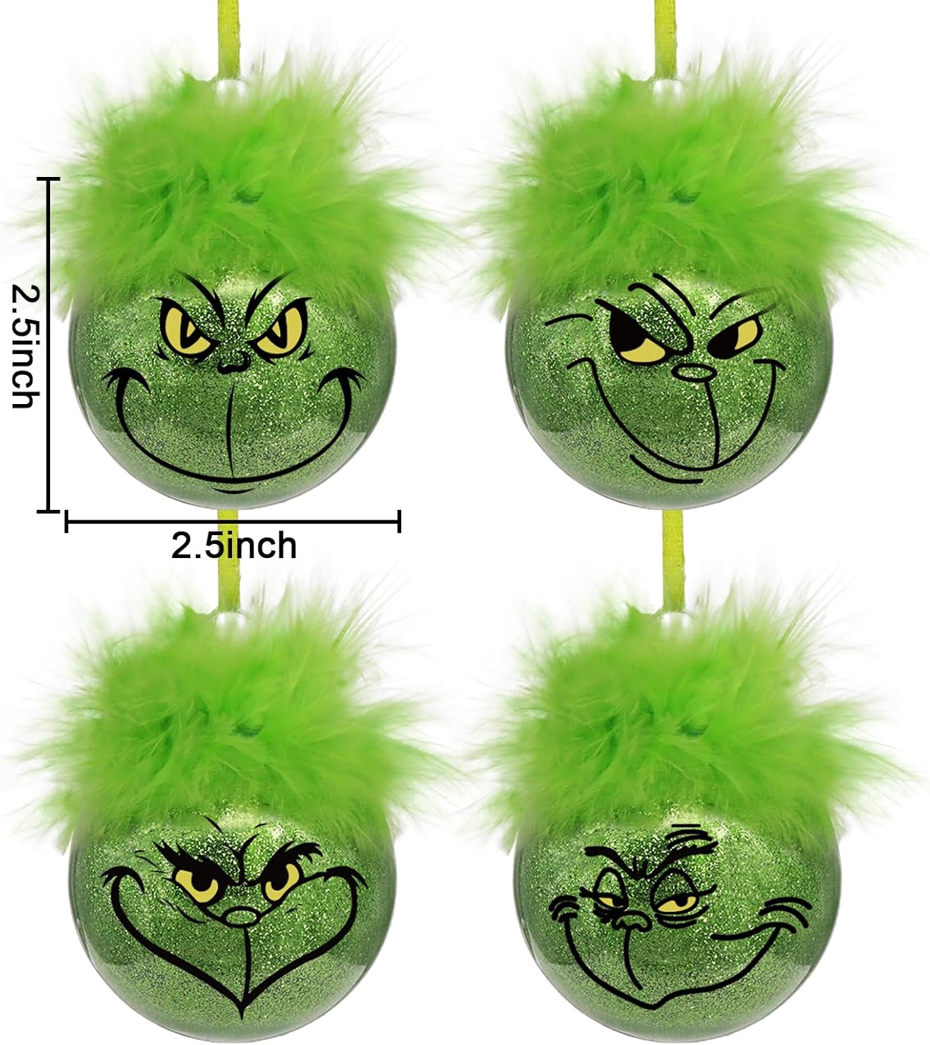 Grinch Christmas Baubles 12 Pcs Fluffy Green Hair Glitter Tree Ornaments Indoor Decor - Image 2