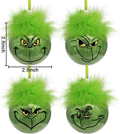 Grinch Christmas Baubles 12 Pcs Fluffy Green Hair Glitter Tree Ornaments Indoor Decor - Image 2