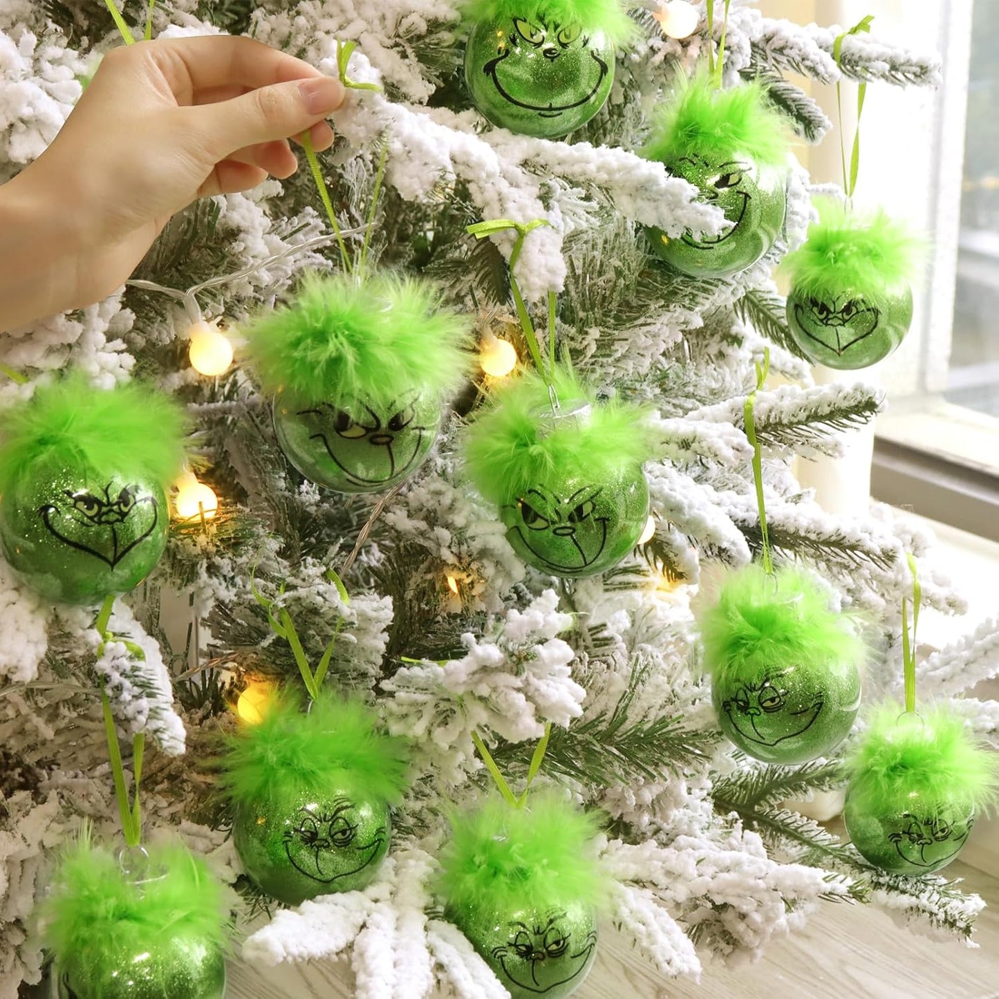 Grinch Christmas Baubles 12 Pcs Fluffy Green Hair Glitter Tree Ornaments Indoor Decor - Image 3
