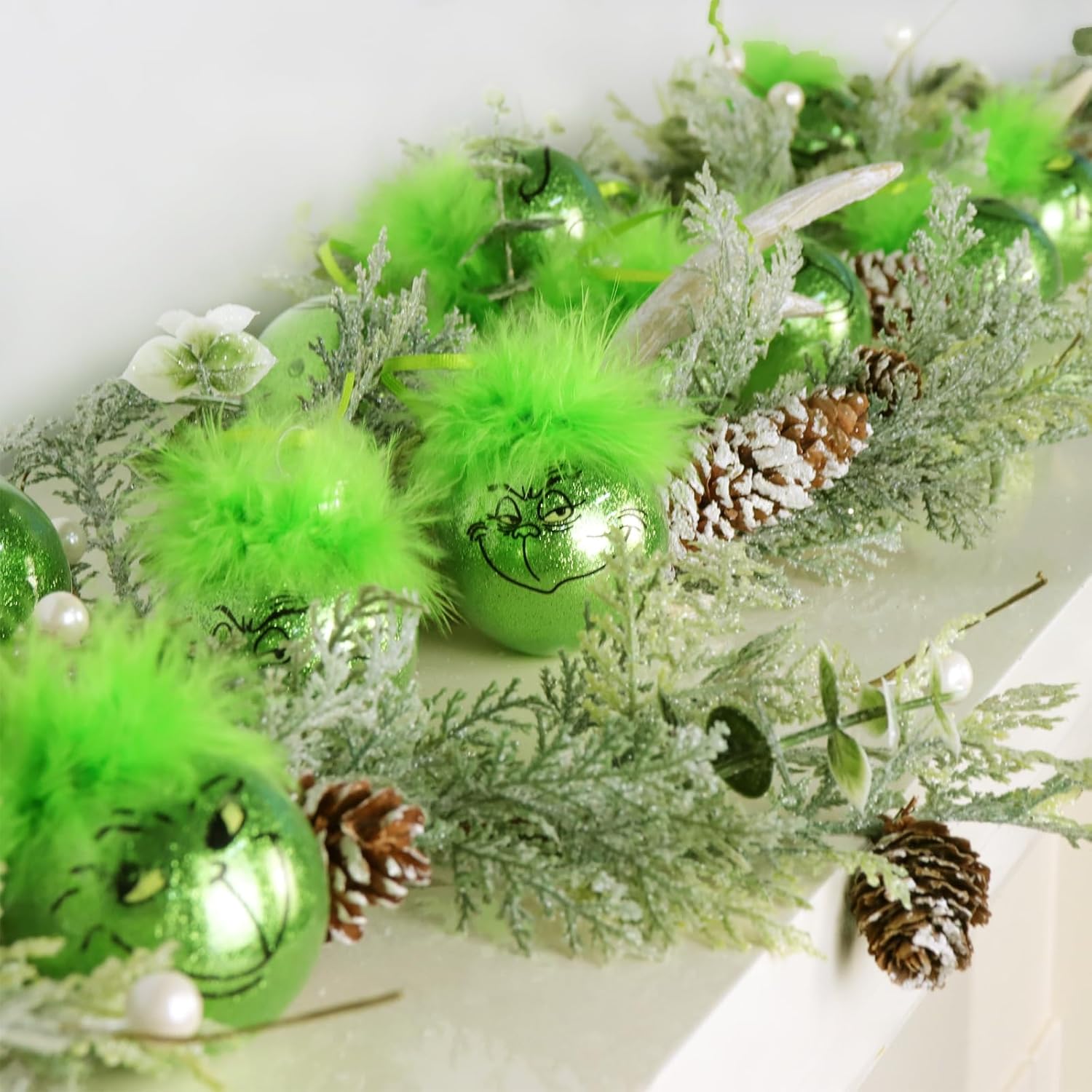 Grinch Christmas Baubles 12 Pcs Fluffy Green Hair Glitter Tree Ornaments Indoor Decor - Image 5