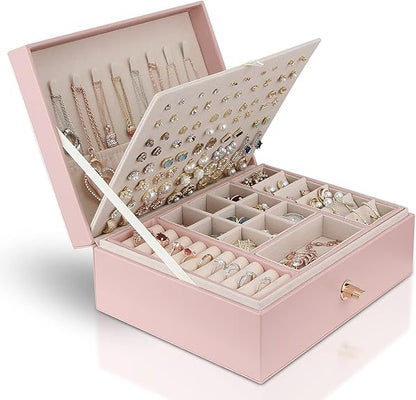 Jewelry Box for Storing Necklaces, Earrings, Bracelets and Rings, Large PU Leather with 3 Layers Stackable Jewelry Box, Pink Pink-tfrf Pink - Image 3