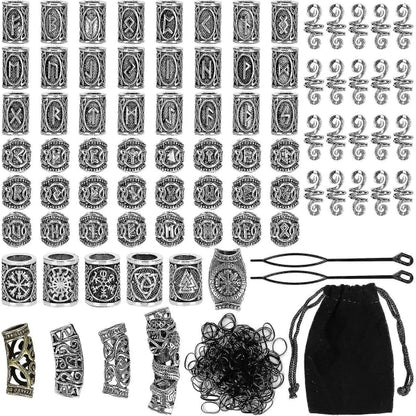 Kryc 80 Rune Beads Set with 300 Rubber Bands for DIY Viking Beard and Hair Beads Antique Nordic Jewelry Braided Bracelet Pendant