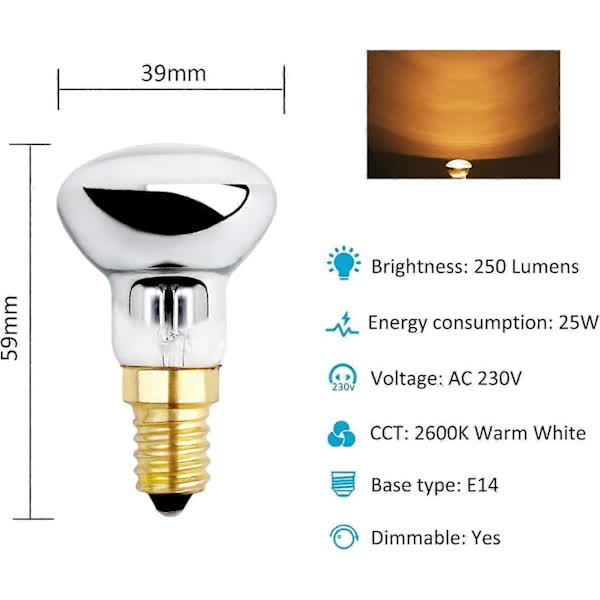 E14 R39 25W Dimmable Warm White 2600K Incandescent Bulb 250LM Small Reflector Bulbs Compatible with Heating Bubble Lamp Rocket Lamp Glitter Lamp - Image 2