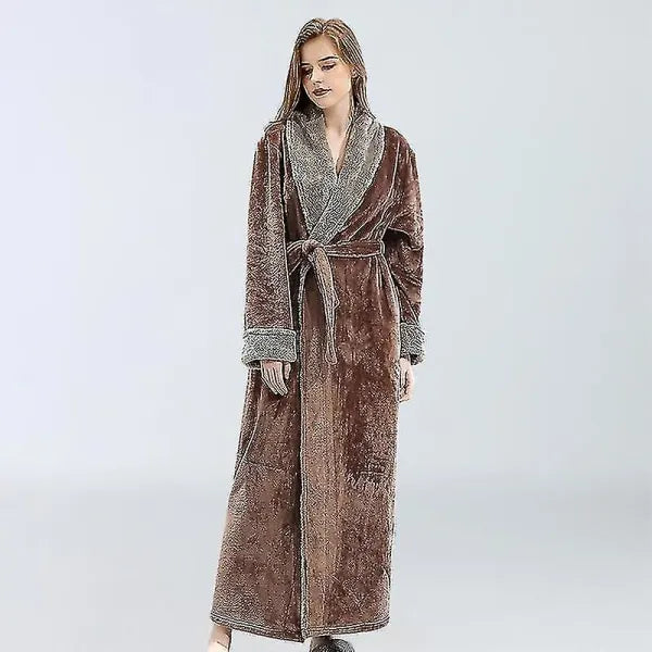 Women's Fleece Bathrobe Dressing Gown Long Warm Soft Robe Coffee Color XL Size - Image 2