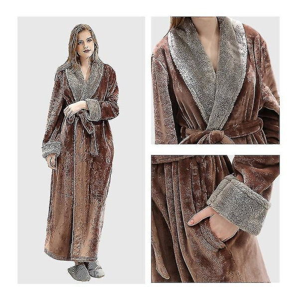 Women's Fleece Bathrobe Dressing Gown Long Warm Soft Robe Coffee Color XL Size - Image 3