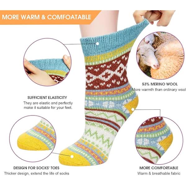 5 Pairs of Women's Merino Wool Socks, Thicker Thermal Knitting, Women's Socks for Hiking, Backpacking, Climbing, Winter (Red/Brown/Green/Blue/Dark Blue) - Image 2