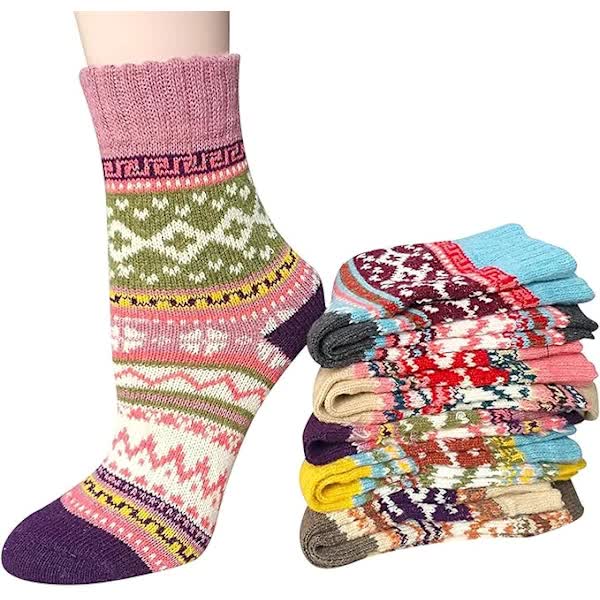 5 Pairs of Women's Merino Wool Socks, Thicker Thermal Knitting, Women's Socks for Hiking, Backpacking, Climbing, Winter (Red/Brown/Green/Blue/Dark Blue) - Image 4