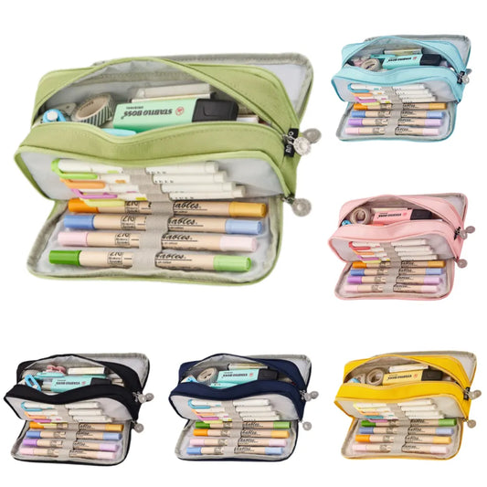 Large Capacity Pencil Case, 3 Compartments, Bag, School Pink - Image 2
