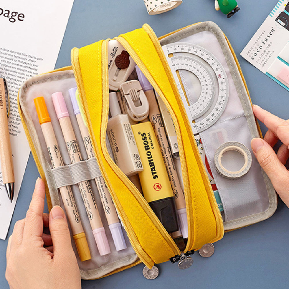 Large Capacity Pencil Case, 3 Compartments, Bag, School Pink - Image 5