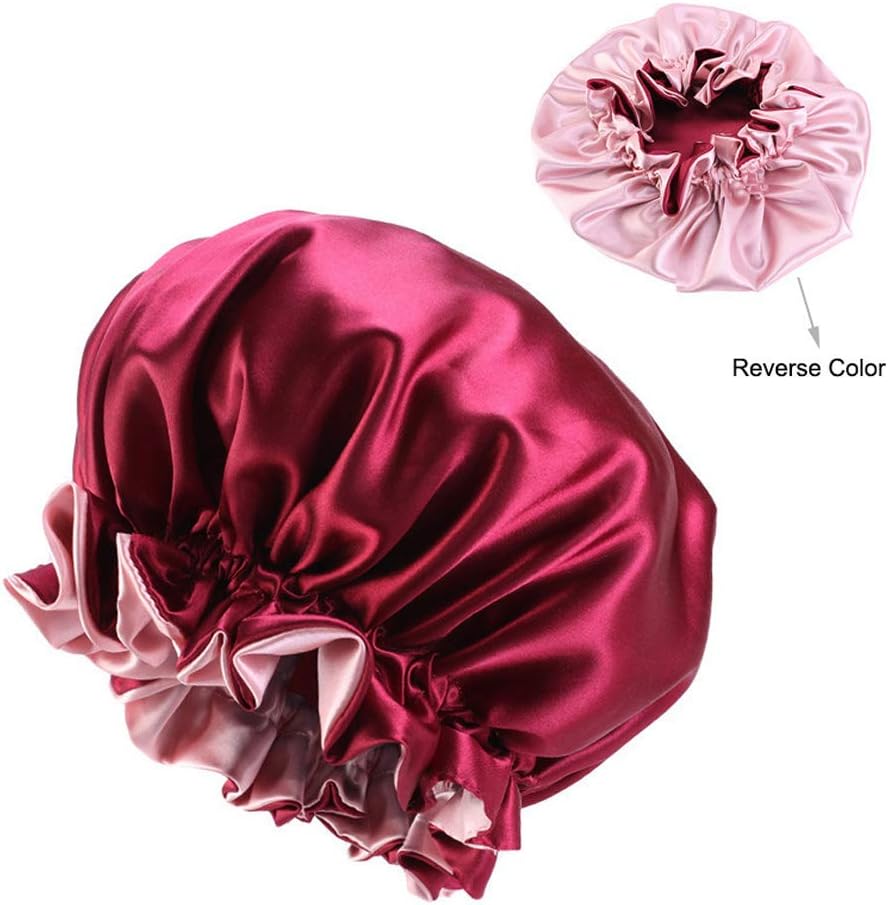 Solid Color Silky Satin Bonnet Cap,Bonnets for Women,Silky Bonnet for Curly Hair,Women Hair Wrap for Sleeping,Double Layers Wine Red - Image 2