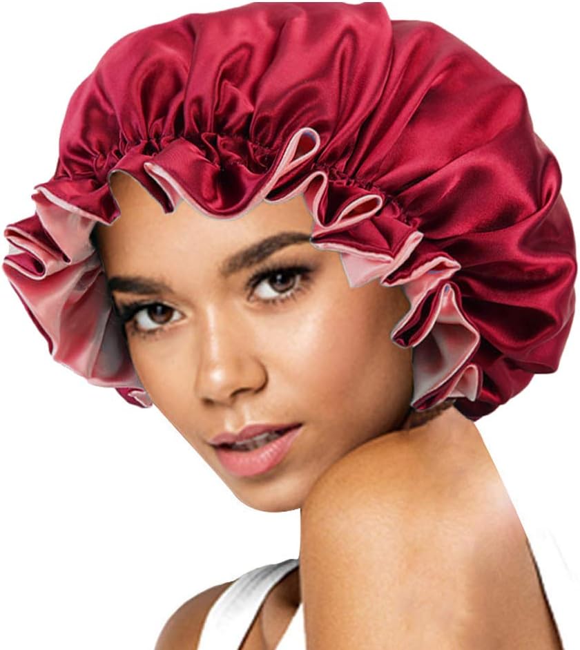 Solid Color Silky Satin Bonnet Cap,Bonnets for Women,Silky Bonnet for Curly Hair,Women Hair Wrap for Sleeping,Double Layers Wine Red - Image 3