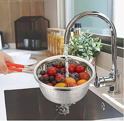 Stainless Steel Perforated Metal Colander Strainer with Long Red Handle Sieve Sifters Use for Kitchen Food Pasta Noodles Spaghetti Vegetables Silver - 7.9inch - Image 3