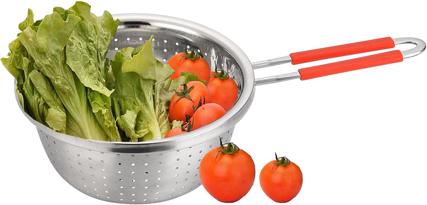 Stainless Steel Perforated Metal Colander Strainer with Long Red Handle Sieve Sifters Use for Kitchen Food Pasta Noodles Spaghetti Vegetables Silver - 7.9inch - Image 4