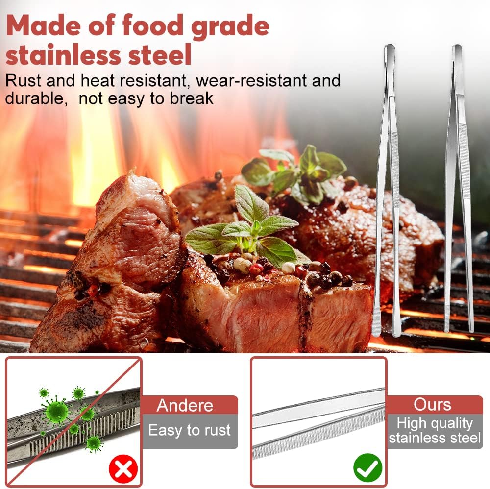 Kitchen Tongs, 2 Pieces BBQ Tongs with Serrated Tips, Kitchen Tongs, Stainless Steel, Long Tong, Professional Multi-Function, Straight Precision Tongs for Meats, Pasta Lining - Image 2
