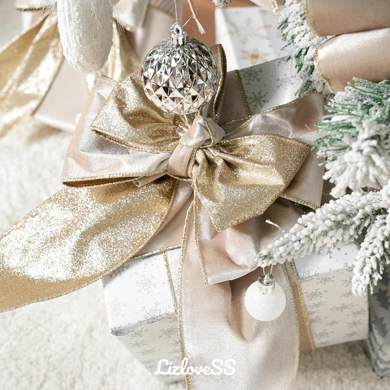 Champagne Velvet Wired Ribbon with Glitter Back 4 Inch Ivory and Gold Christmas Wired Ribbon for Christmas Tree Decorations, Gift Wrapping, Mantel, Wreaths Supplies, Topper Bows (10 Yards) - Image 4