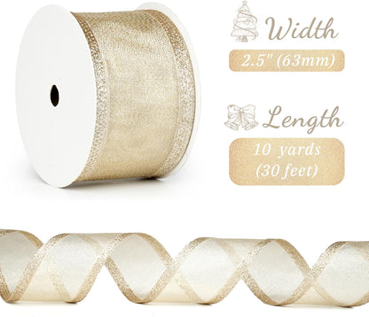 Champagne Christmas Ribbon Wired 2.5 Inch Champagne Gold Metallic Wired Ribbon with Glitter Stripe, Ribbon for Christmas Tree, Wreaths Supplies, Swag, Garland, Holiday Decor - 10 Yards - Image 2