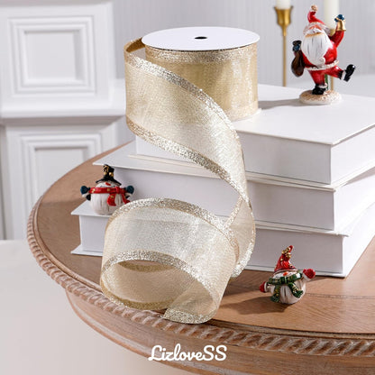 Champagne Christmas Ribbon Wired 2.5 Inch Champagne Gold Metallic Wired Ribbon with Glitter Stripe, Ribbon for Christmas Tree, Wreaths Supplies, Swag, Garland, Holiday Decor - 10 Yards - Image 3
