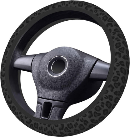 Black Leopard Print Cheetah Elastic Steering Wheel Cover, Non-Slip Breathable Neoprene Steering Wheel Covers, Women Leopard Car Accessories, Universal 15 Inch Fit Auto, Suvs, Truck - Image 2