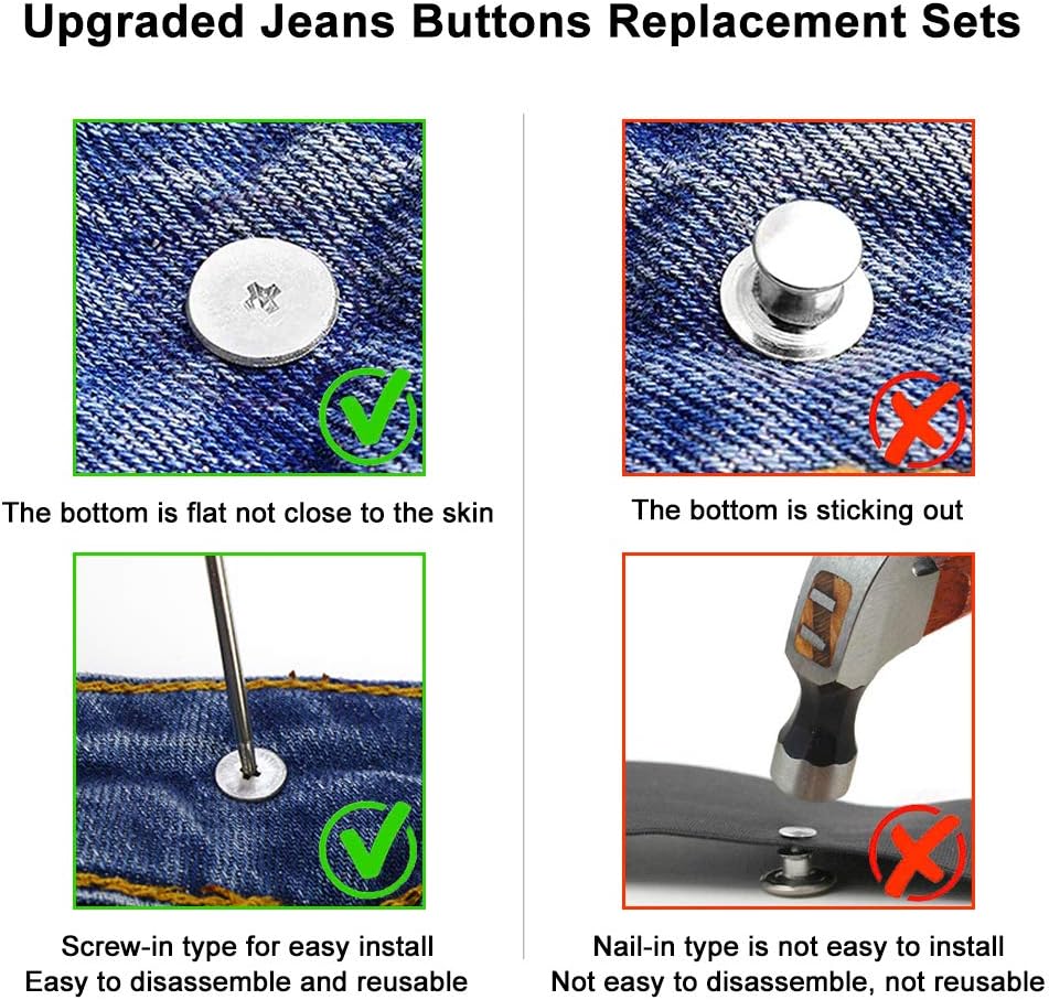 15 Sets Replacement Jeans Buttons, 17mm No-Sew Nailess Removable Metal Jeans Button Replacement Repair Combo Thread Rivets and Screwdrivers - Image 2