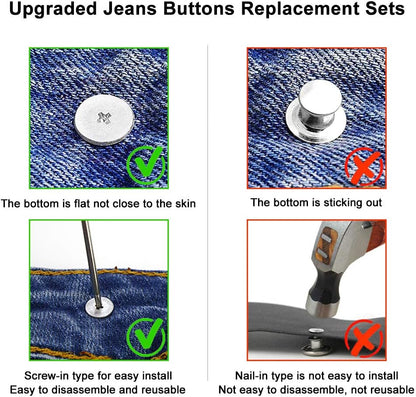 15 Sets Replacement Jeans Buttons, 17mm No-Sew Nailess Removable Metal Jeans Button Replacement Repair Combo Thread Rivets and Screwdrivers - Image 2